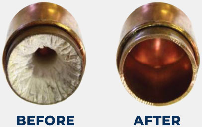 Before and after image of pipes with and without hard scale buildup